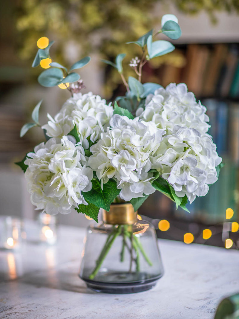 The Amour | Faux Hydrangea Arrangement in Smoked Glass Vase