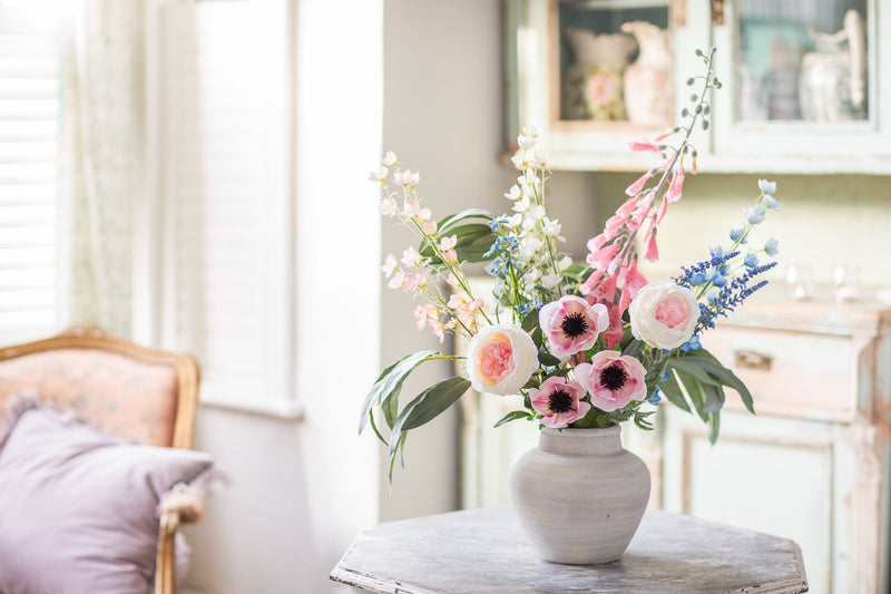 Ora Stone Vase with Faux Country Walk Bouquet