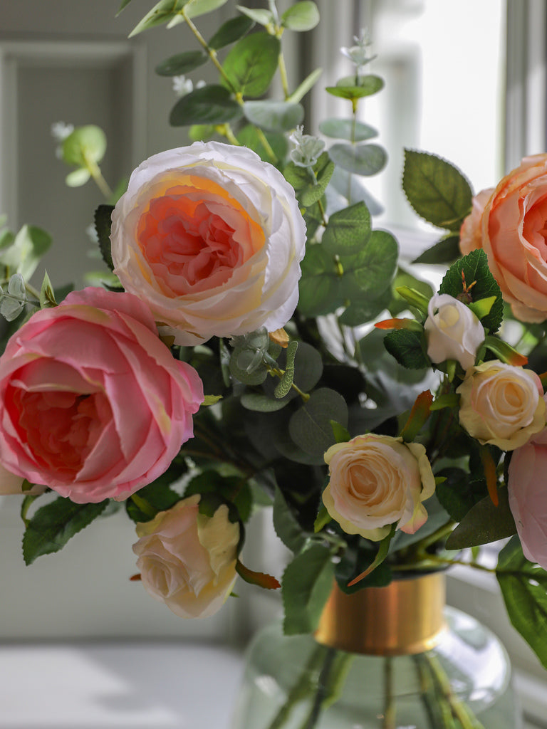 Faux peony, rose and eucalyptus floral arrangement