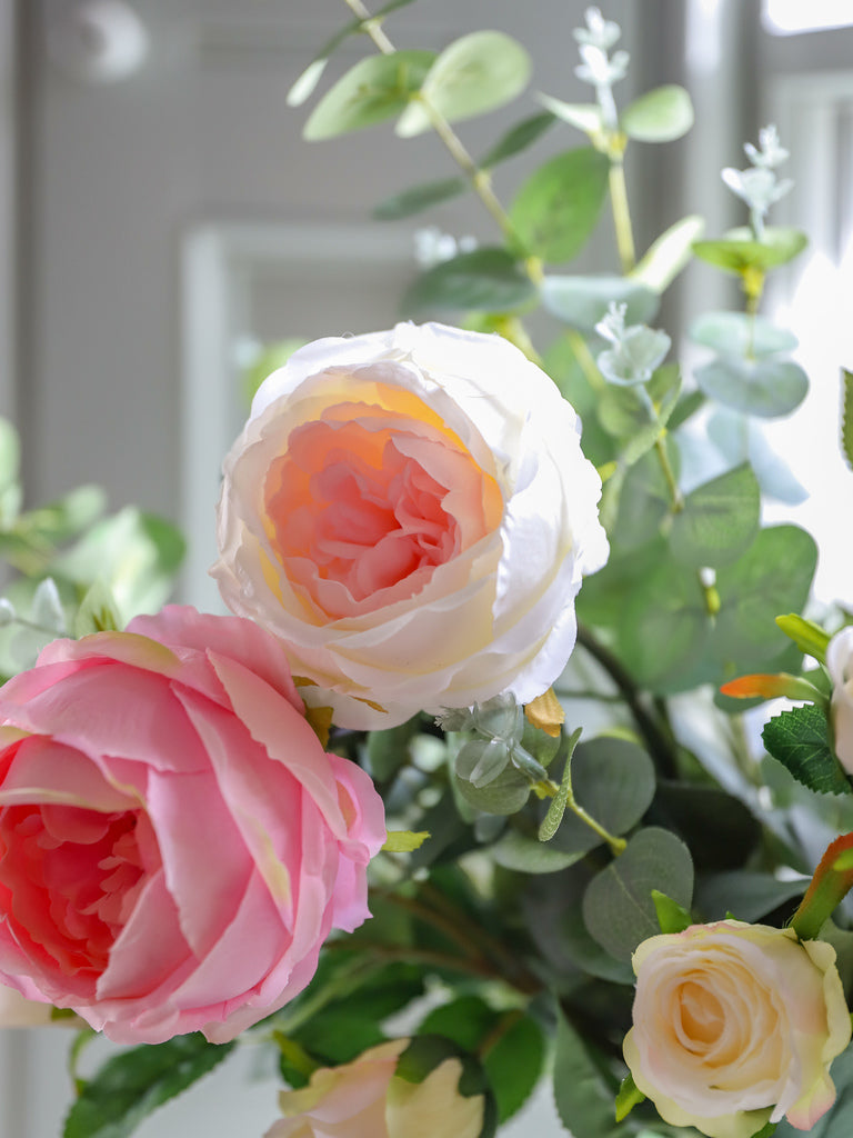 Faux peony, rose and eucalyptus floral arrangement