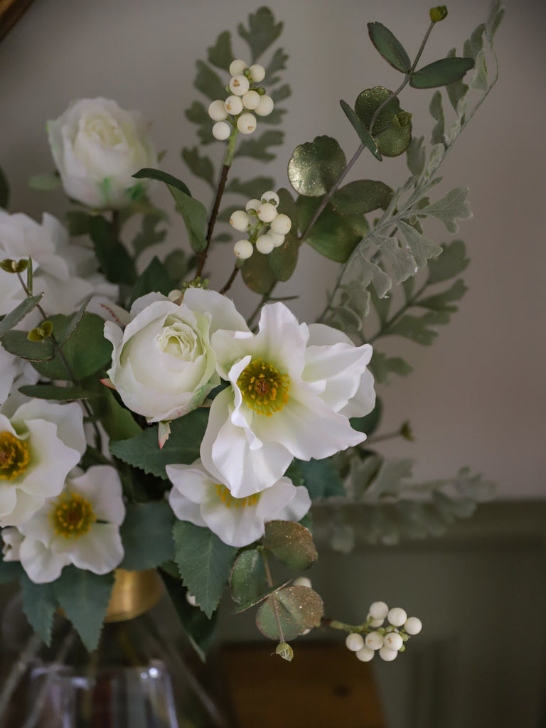 Faux Helleborus Niger, Snowberry & Gilded Eucalyptus