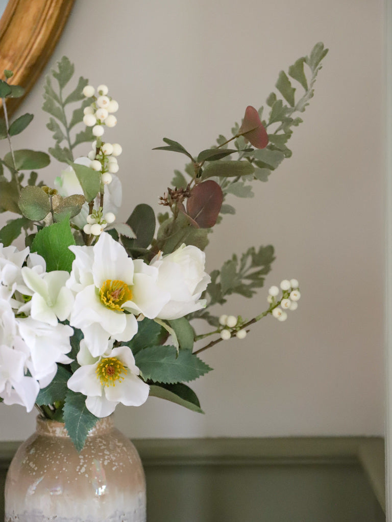 Faux Helleborus Niger, Snowberry & Gilded Eucalyptus