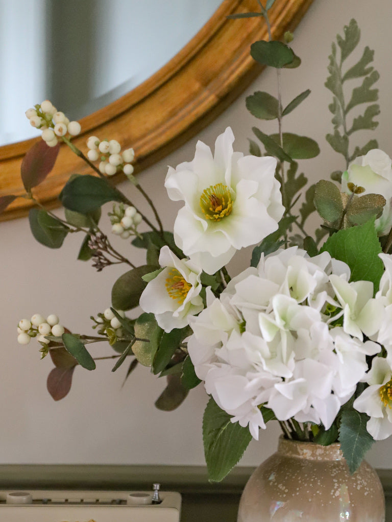 Faux Helleborus Niger, Snowberry & Gilded Eucalyptus