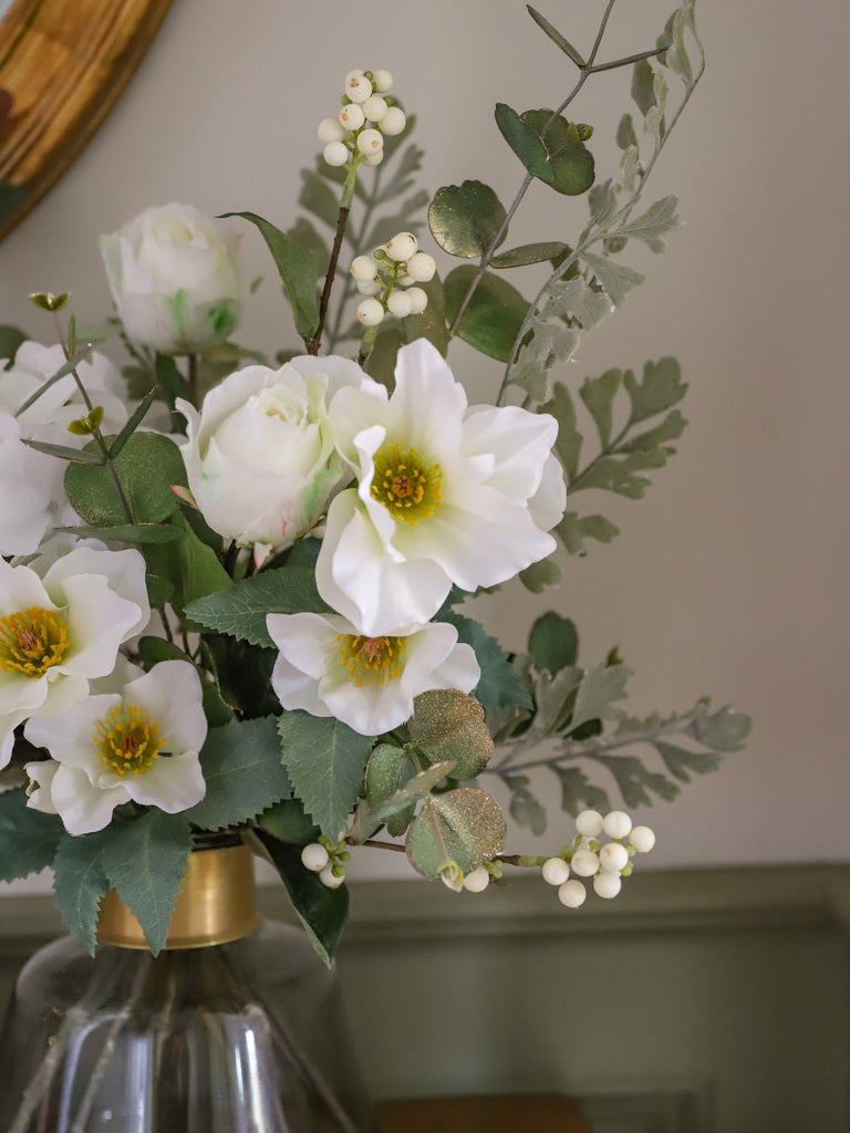 Faux Helleborus Niger, Snowberry & Gilded Eucalyptus