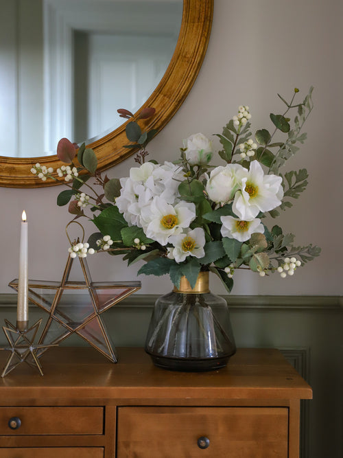 Faux Helleborus Niger, Snowberry & Gilded Eucalyptus
