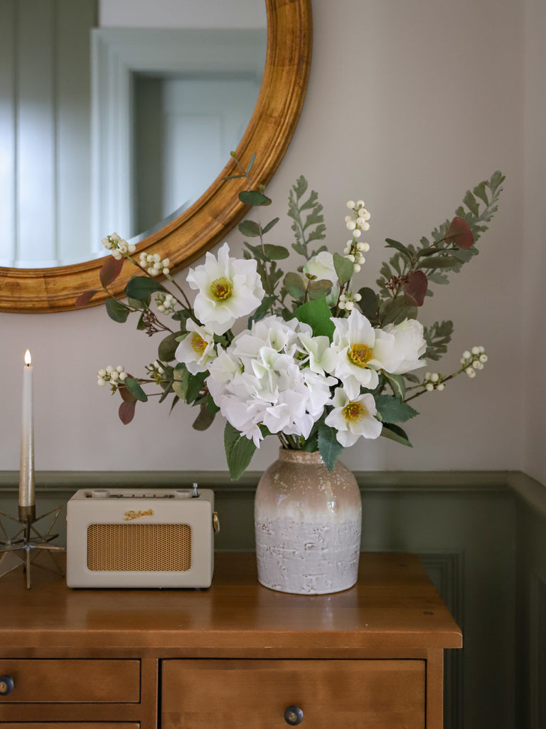 Faux Helleborus Niger, Snowberry & Gilded Eucalyptus