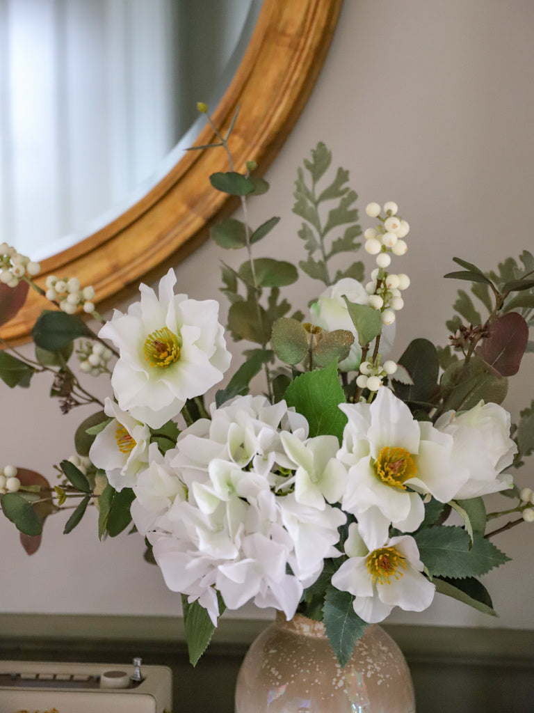 Faux Helleborus Niger, Snowberry & Gilded Eucalyptus
